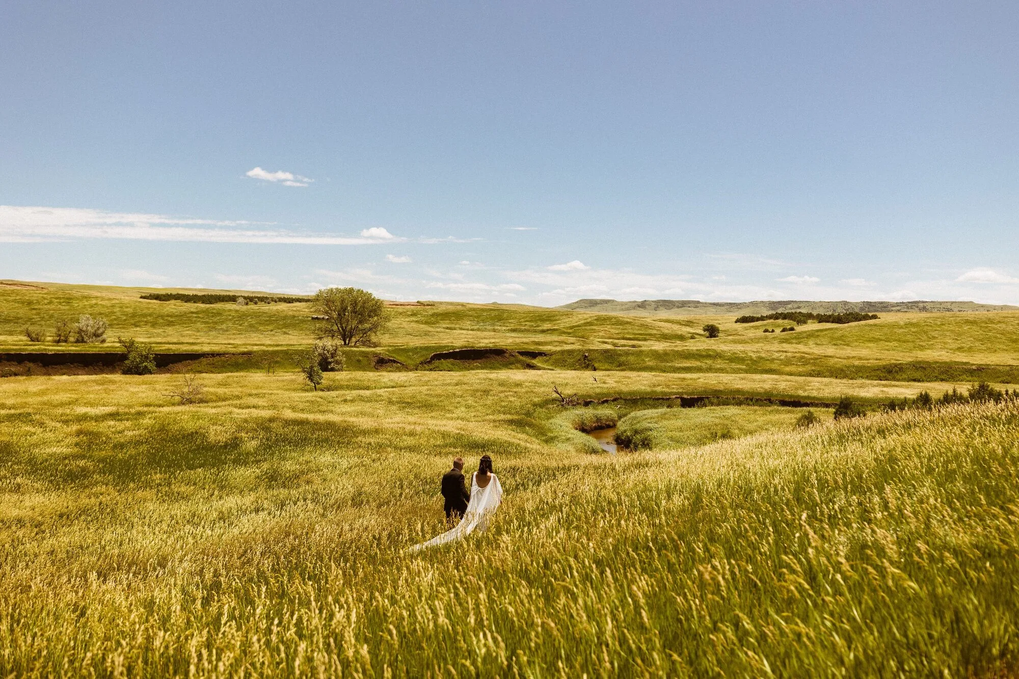 Elegant prairie wedding setup at golden hour