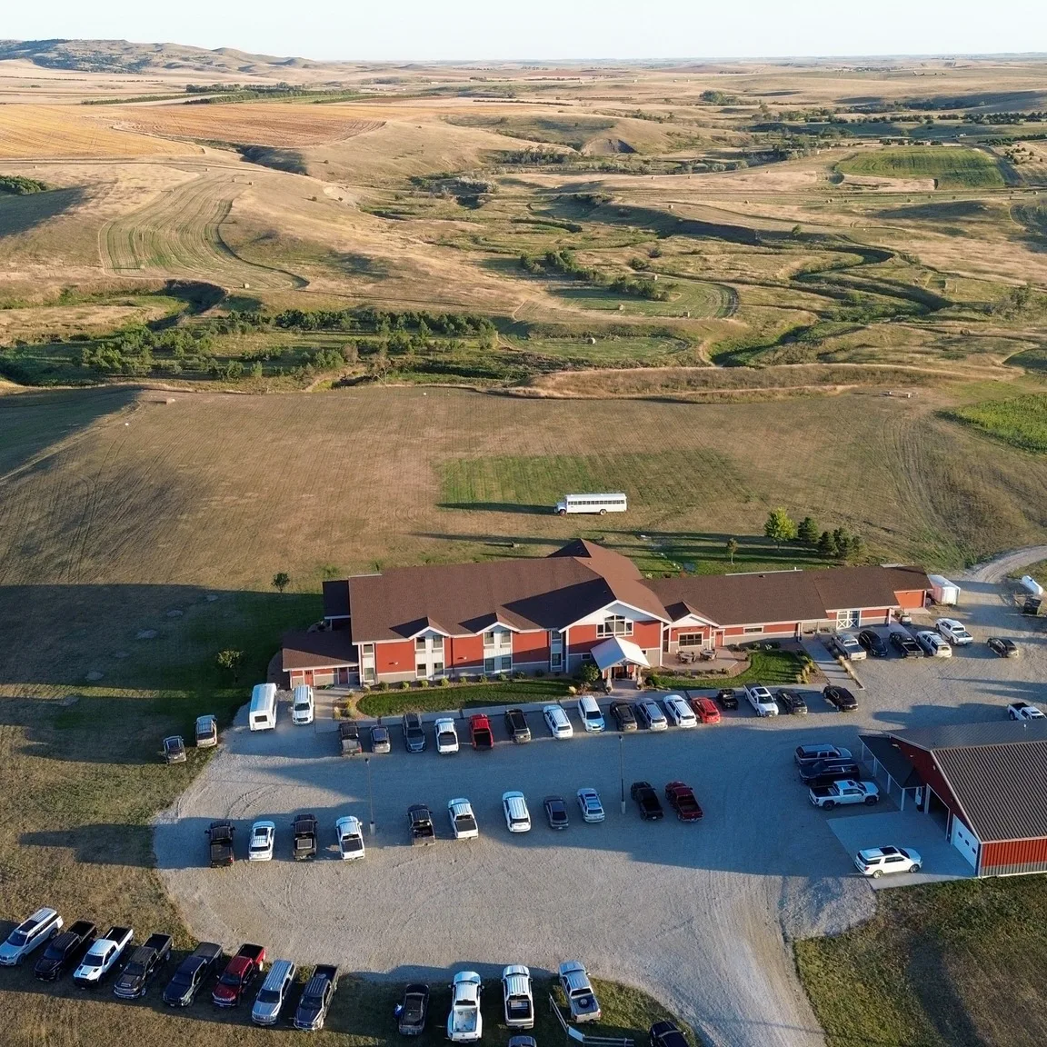 Aerial view of the Lazy J lodge and prairie grounds